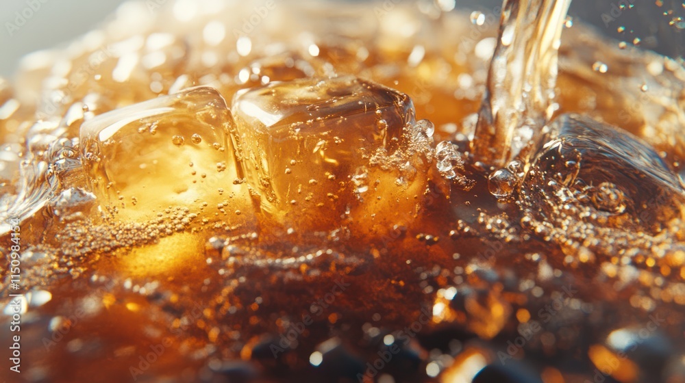 Close-up of cola pouring over ice cubes. Close-up of cola pouring over ice cubes.