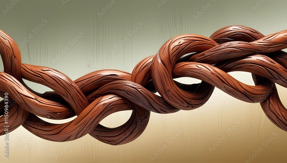 Abstract intertwining snake-like forms with wooden textures on a calming green and beige gradient background Abstract intertwining snake-like forms with wooden textures on a calming green and beige gradient background