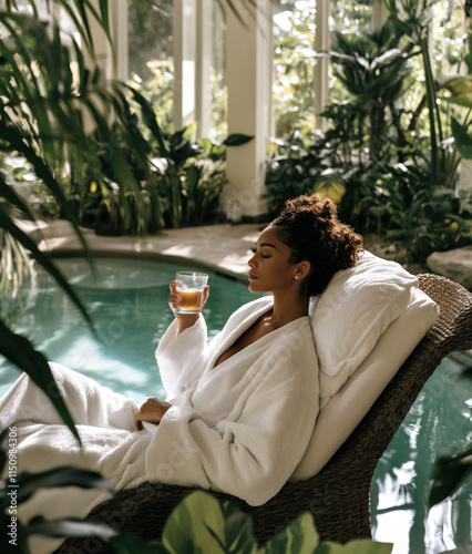 Young black woman relaxing in bathrobe drinking herbal tea by indoor pool in luxury spa
