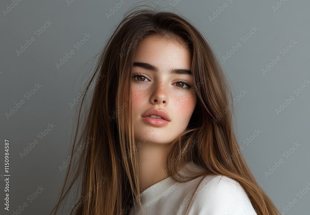 Beautiful young woman with long brown hair and flawless, fresh skin posing on a gray background, looking at the camera and smiling Beautiful young woman with long brown hair and flawless, fresh skin posing on a gray background, looking at the camera and smiling