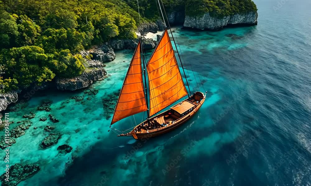 Tonga Boat Near Hawaiian Island - Drone View