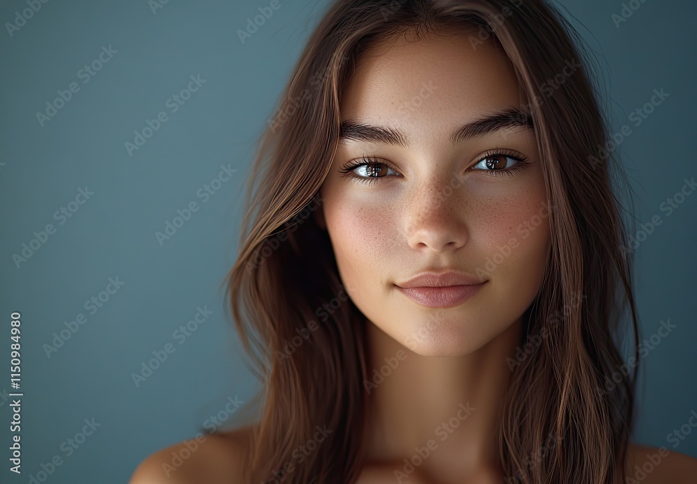 Beautiful young woman with long brown hair and flawless, fresh skin posing on a gray background Beautiful young woman with long brown hair and flawless, fresh skin posing on a gray background