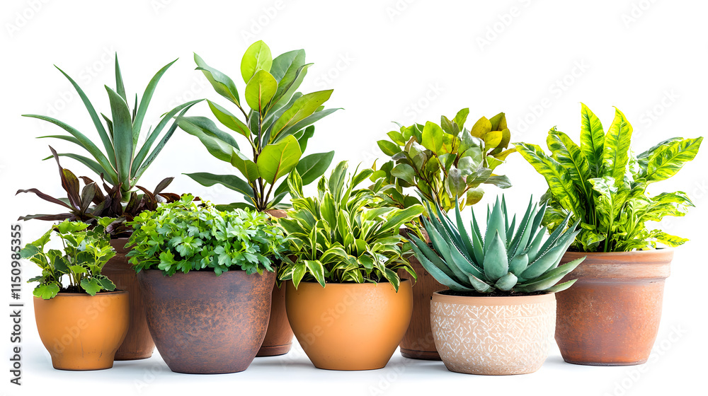 A Diverse Collection of Potted Plants Featuring Ferns, Succulents, and Other Greenery in Varied Textured Pots on a Clean White Background A Diverse Collection of Potted Plants Featuring Ferns, Succulents, and Other Greenery in Varied Textured Pots on a Clean White Background