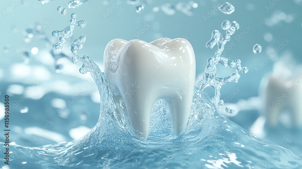 Sparkling Clean Tooth with Water Splash, Dental Hygiene Concept