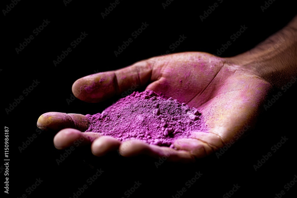 Hand holding colorful powder cupped in the palm for Holi festival of colors. Closeup over a black background with copy space. Hand holding colorful powder cupped in the palm for Holi festival of colors. Closeup over a black background with copy space.