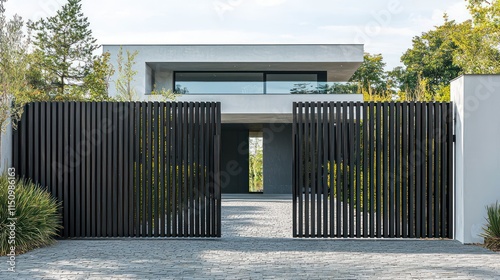 Elegant gate made of dark charcoal wood slats, combining security and minimalist design.