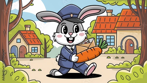 Quirky Cartoon Rabbit Delivering Mail in a Quaint Village