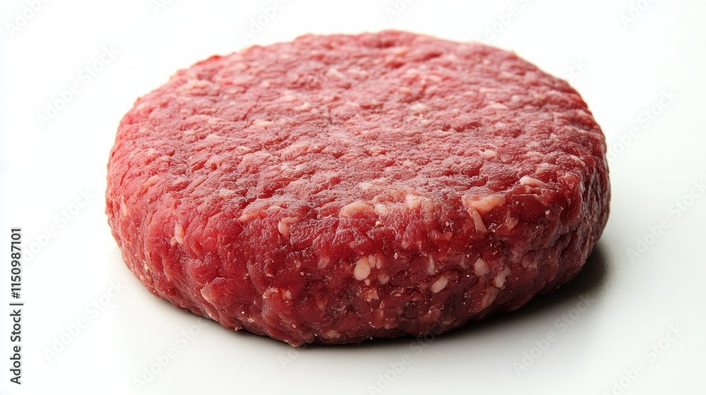 A fresh, raw ground beef patty with salt and spices, perfect for preparing a delicious homemade burger. A fresh, raw ground beef patty with salt and spices, perfect for preparing a delicious homemade burger.