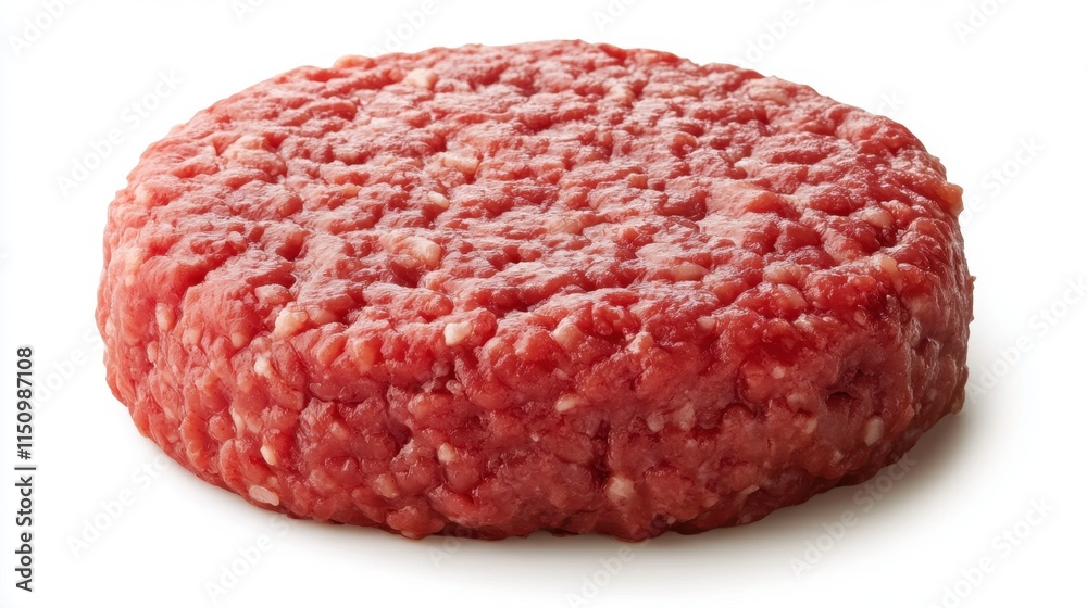 A fresh, raw ground beef patty with salt and spices, perfect for preparing a delicious homemade burger. A fresh, raw ground beef patty with salt and spices, perfect for preparing a delicious homemade burger.