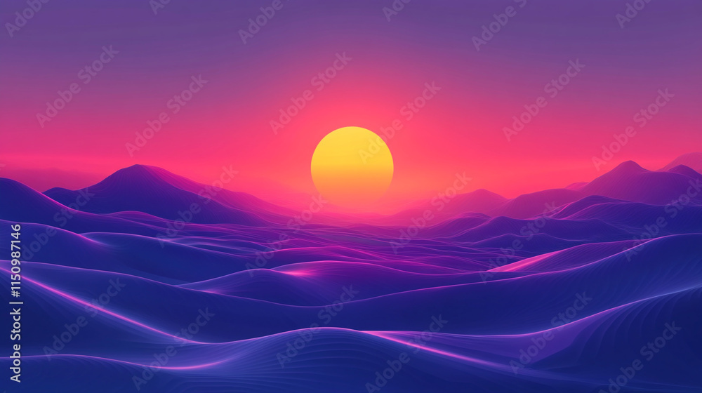 Fototapeta premium Beautiful Surreal Landscape with Vibrant Sunset Over Rolling Hills, illustrated in vivid hues of purple and orange for an otherworldly dreamy scene.