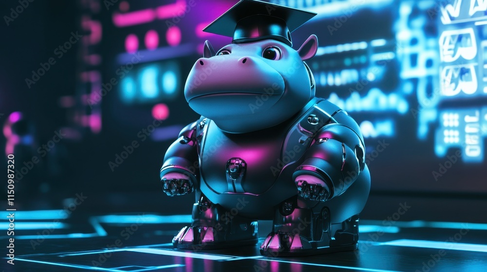 A friendly futuristic hippo robot with a graduation cap, standing in front of a holographic backdrop, symbolizing a new era in robotics. A friendly futuristic hippo robot with a graduation cap, standing in front of a holographic backdrop, symbolizing a new era in robotics.