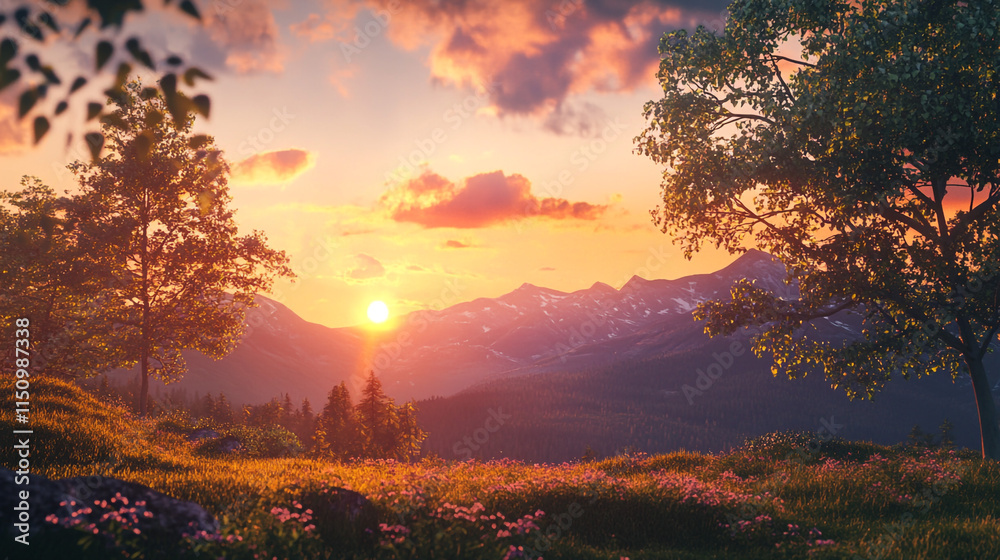 Obraz premium Serene Mountain Sunset with Lush Landscape. A breathtaking sunset view over mountains, featuring vibrant colors and scenic greenery, perfect for nature lovers.