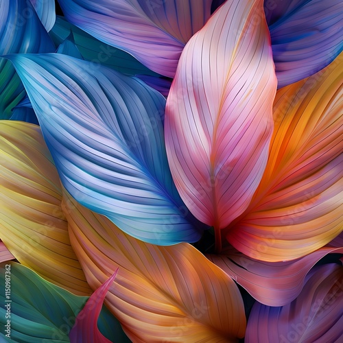 close-up view of large, overlapping tropical leaves in vibrant shades of pink and blue against a pink background, Vibrant Feathers Mosaic - Abstract Multicolored Bird Plumes Texture for Design.