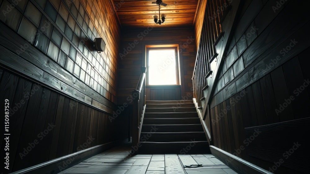 Obraz premium Abandoned House Wooden Stairs, Sunlight, Vintage Home, Dramatic Lighting