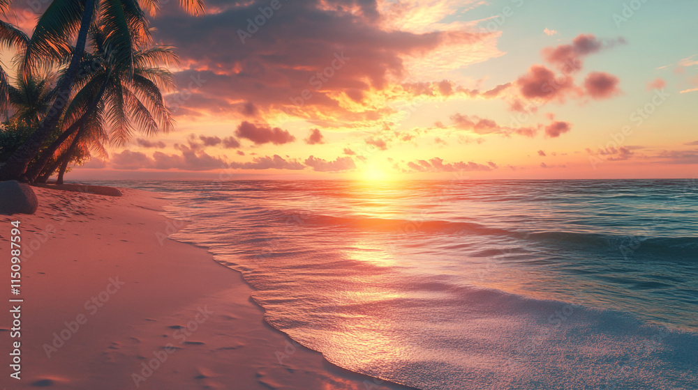 Idyllic Sunset Escape on the Shore. Experience ultimate relaxation as the setting sun paints the sky with stunning shades of orange, pink, and purple, reflected on the tranquil waters of the beach Idyllic Sunset Escape on the Shore. Experience ultimate relaxation as the setting sun paints the sky with stunning shades of orange, pink, and purple, reflected on the tranquil waters of the beach