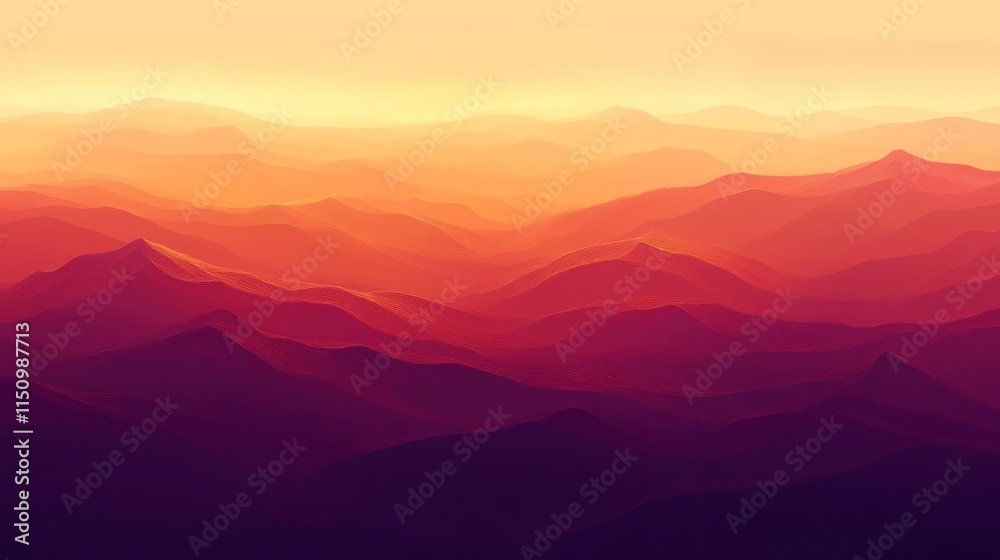 Obraz premium Sunset Over Wavy Crimson Mountain Ranges