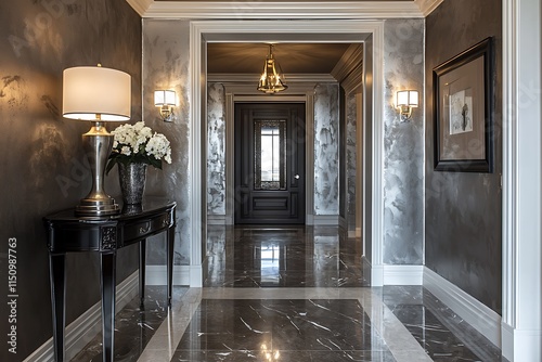 Venetian plaster in a luxurious silver finish creating an opulent atmosphere in a high-end entryway