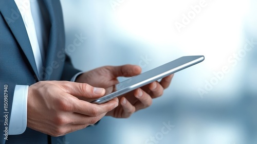 Professional businessman in a modern suit utilizing tablet for digital communication