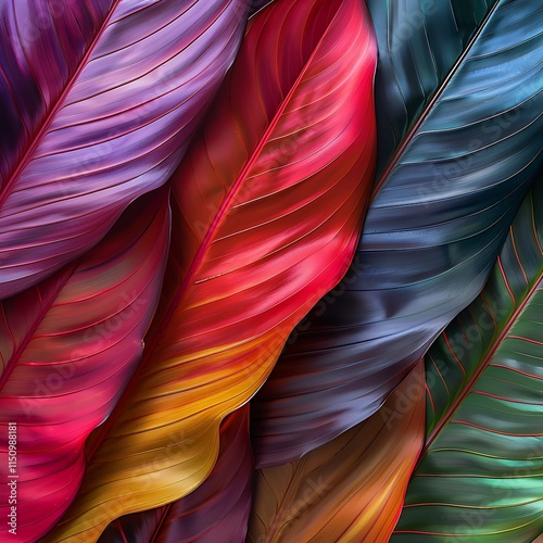 close-up view of large, overlapping tropical leaves in vibrant shades of pink and blue against a pink background, Vibrant Feathers Mosaic - Abstract Multicolored Bird Plumes Texture for Design.
