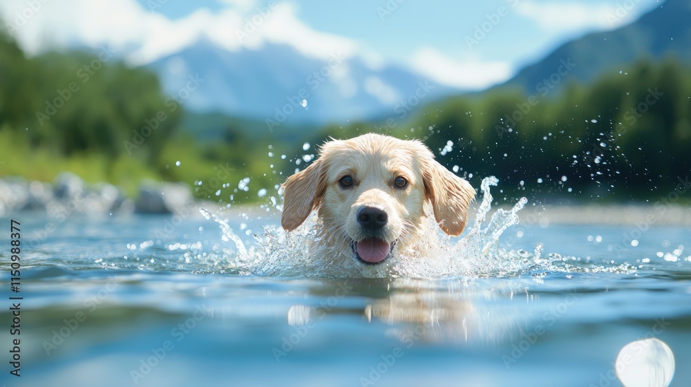 Happy Dog Swimming in Clear Mountain Water Happy Dog Swimming in Clear Mountain Water