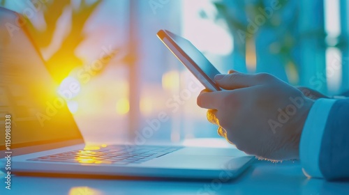 Person engrossed in dualscreen productivity, balancing cell phone and laptop use photo