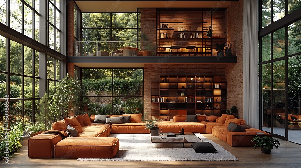 Fototapeta premium Modern Open Plan Living Room with Large Windows. Concept of Contemporary Interior Design, Spacious Living, and Natural Light.