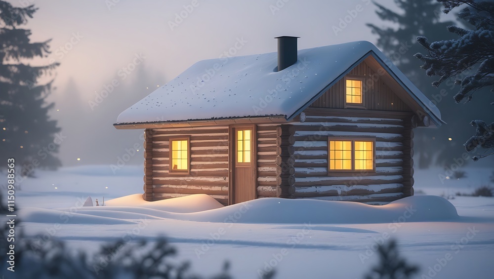 Cozy Log Cabin nestled in a Snowy Winter Forest Cozy Log Cabin nestled in a Snowy Winter Forest