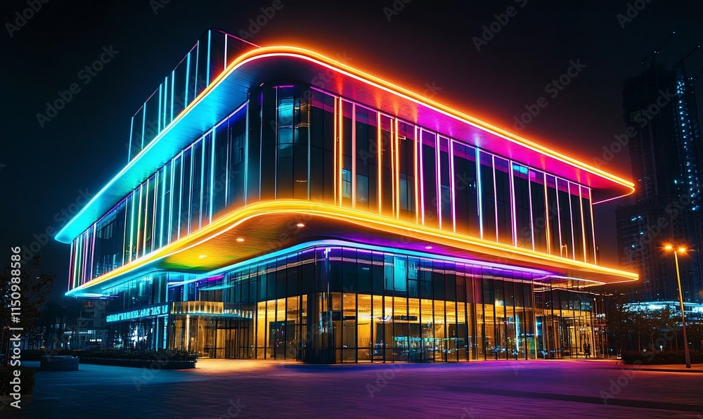 Obraz premium A modern building illuminated with vibrant neon lights at night.