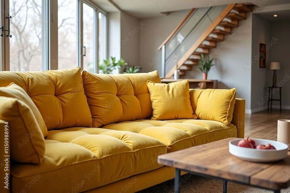 Fototapeta premium Yellow tufted sofa near rustic coffee table. Scandinavian home interior design of modern two story living room.