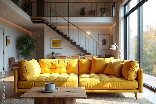 Yellow tufted sofa near rustic coffee table. Scandinavian home interior design of modern two story living room.