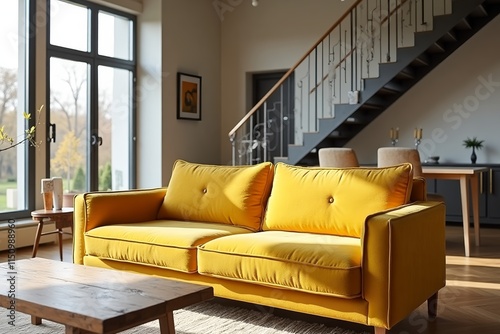 Yellow tufted sofa near rustic coffee table. Scandinavian home interior design of modern two story living room.