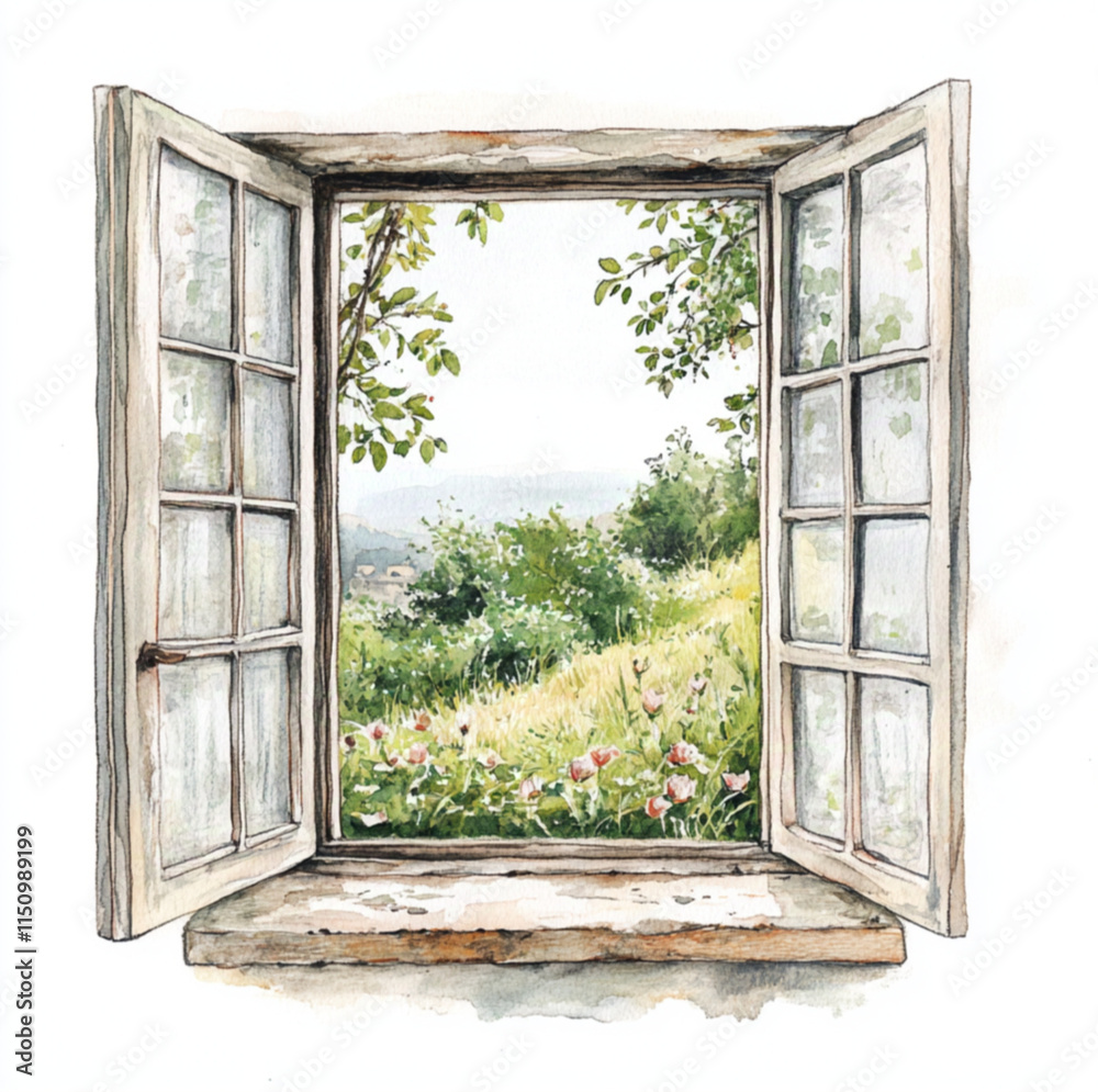 Obraz premium a watercolour drawing of a open window and a ledge inside the window, white background