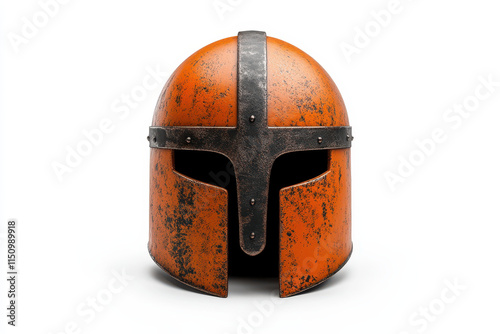 Ancient orange helmet with metal accents, showcasing weathered design photo