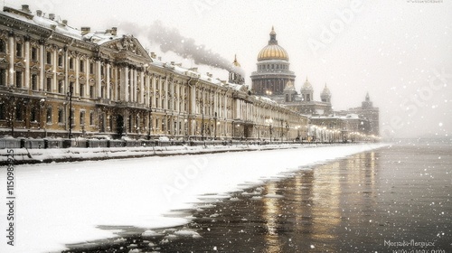 Snowfall over Saint Petersburg's Embankment and Saint Isaac's Cathedral