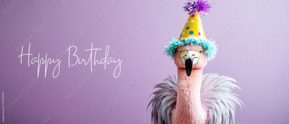Fototapeta Happy Birthday Flamingo Wearing Party Hat, Festive Bird Celebration