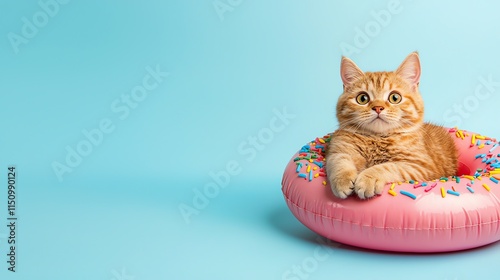 A playful orange cat lounges in a pink donut-shaped float, set against a soft blue background, exuding a cheerful and relaxed vibe.