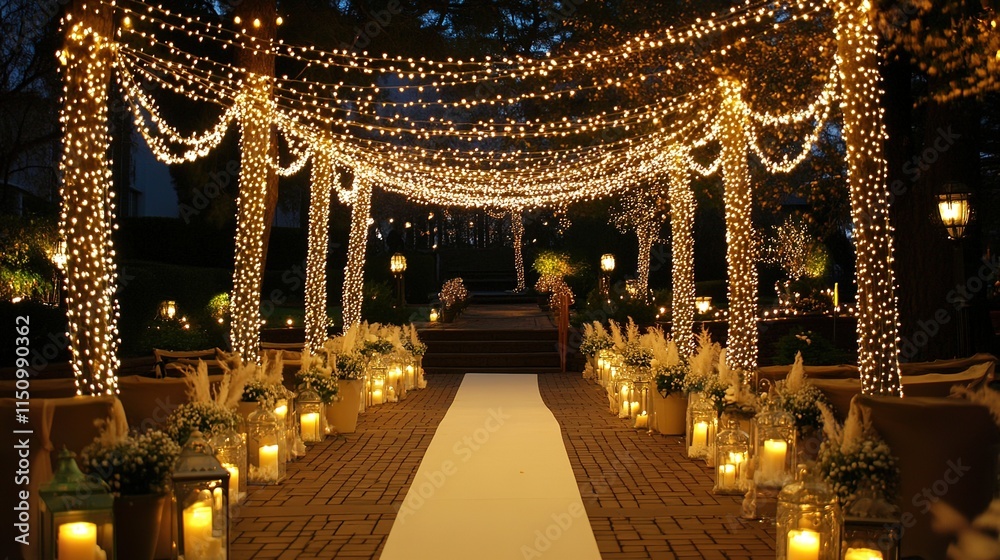 Obraz premium Elegant Wedding Ceremony Decoration with Beautiful Lights Creating a Romantic and Refined Atmosphere