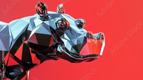 A low-poly style hippo robot, featuring angular metallic design, against a bright red background, creating a bold visual statement. photo