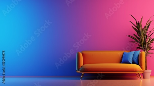 A modern living room scene featuring a vibrant orange couch against a gradient blue and pink wall, complemented by a green plant.