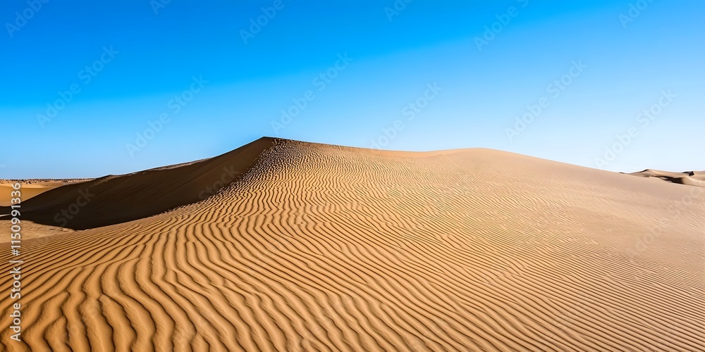 Expansive desert sand dune stretching under a vast clear blue sky, bathed in sunlight. Expansive desert sand dune stretching under a vast clear blue sky, bathed in sunlight.