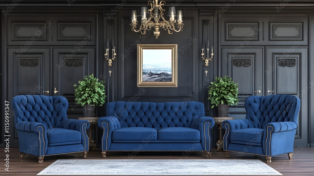 Obraz premium Elegant blue sofa set arrangement luxurious living room interior design cozy environment wide angle view
