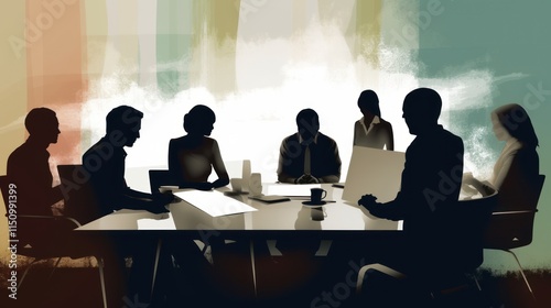 Businesspeople Silhouetted Around a Conference Table Meeting