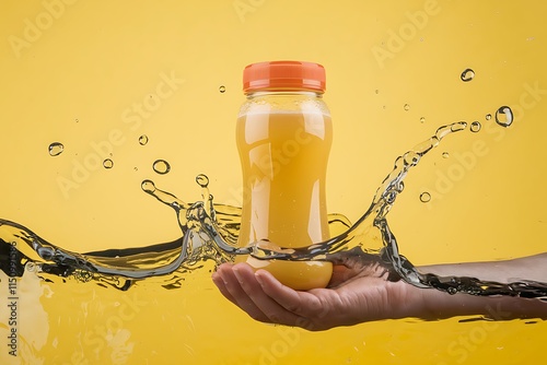 Refreshing Orange Juice Bottle Splashing in Hand Yellow Background photo