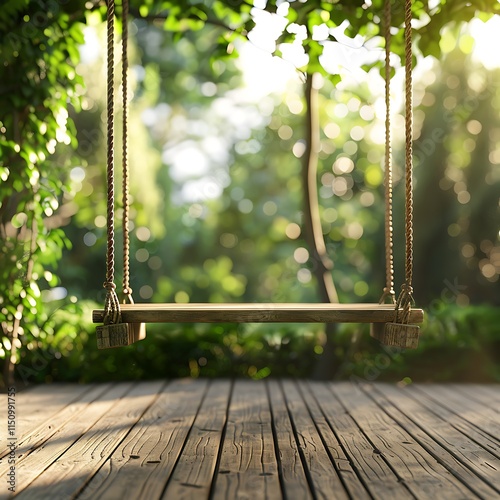 Wooden Terrace With Swing in a Sunny Garden, wooden bridge in the forest, Old wooden terrace with wicker swing hang on the tree with blurry nature background.