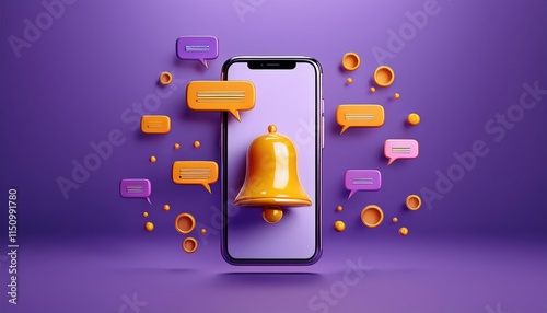 A smartphone displays a bell icon with vibrant message bubbles against a purple background, symbolizing notifications and communication.