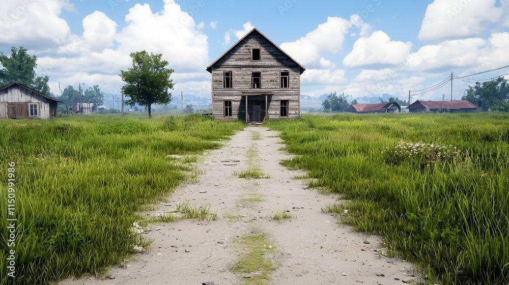 Fototapeta premium A weathered, wooden farmhouse stands prominently on a dirt road amidst a field of tall grass.