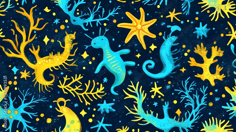 Obraz premium Underwater creatures exploration ocean depths digital art vibrant environment top view marine life