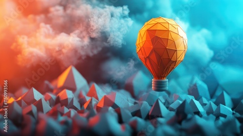 Low poly orange hot air balloon above jagged gray rocky ground with cloudy sky. photo