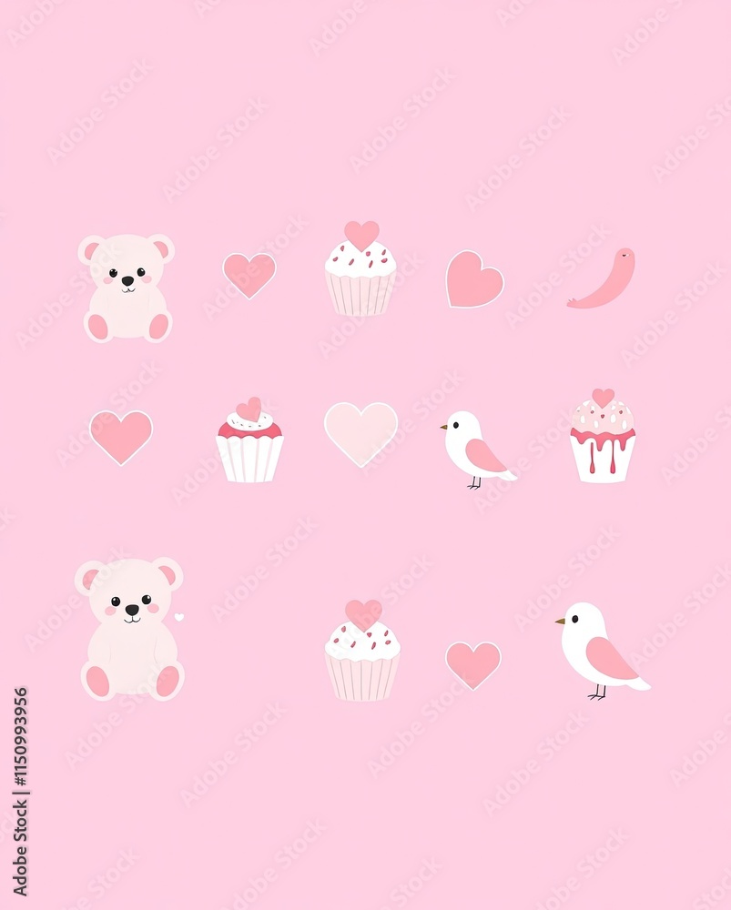 A pastel-themed Valentine icon set with teddy bears, cupcakes, and lovebirds. A pastel-themed Valentine icon set with teddy bears, cupcakes, and lovebirds.