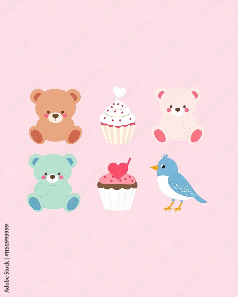 Fototapeta premium A pastel-themed Valentine icon set with teddy bears, cupcakes, and lovebirds.